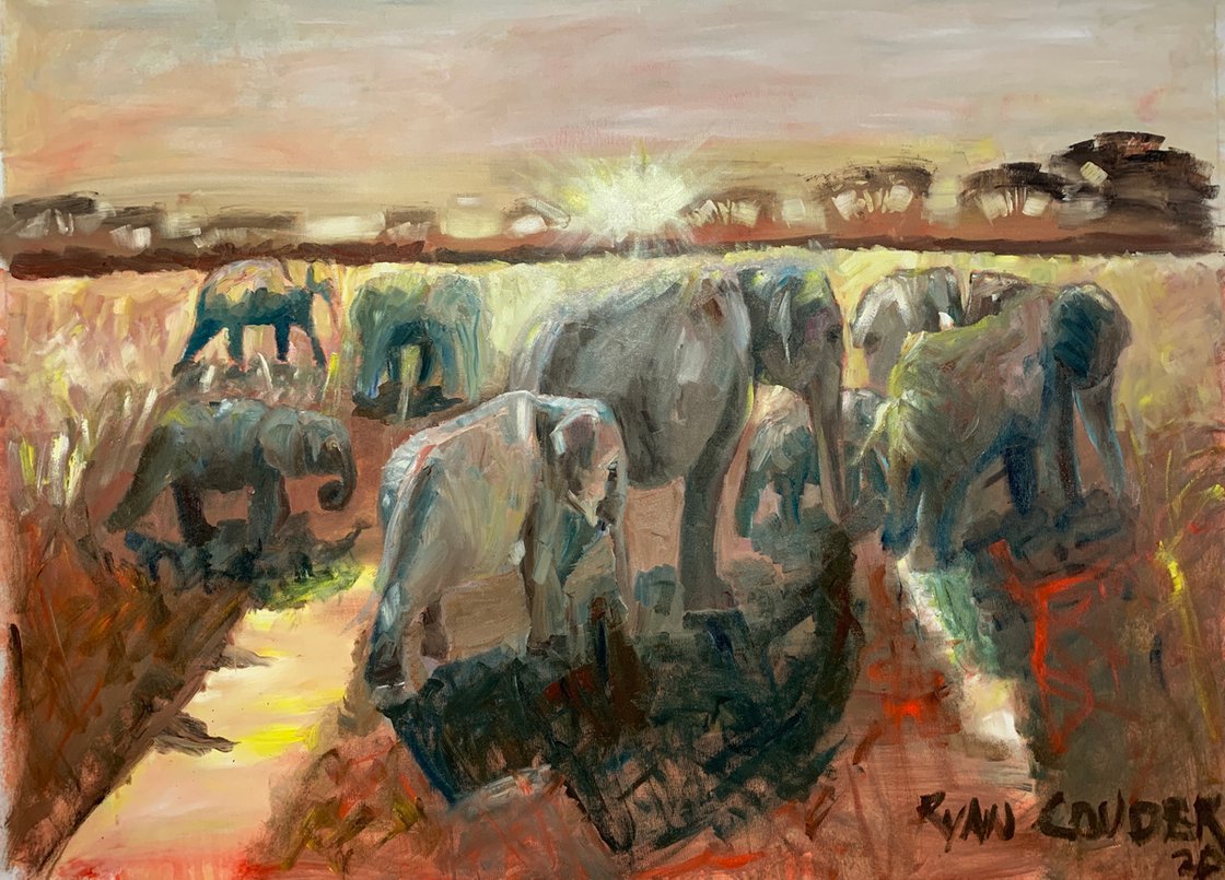A painting titled 'Elephants At Dusk by Ryan Louder' by Ryan Louder