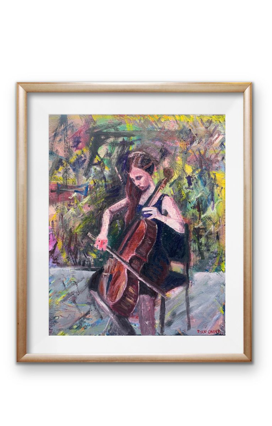 A painting titled 'Cello Player by Ryan Louder' by Ryan Louder