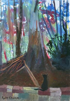 Cat by the Eucalyptus Tree, painting by Ryan Louder