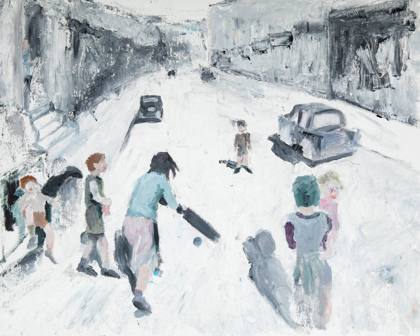 Children Playing Cricket On The Street, painting by Ryan Louder