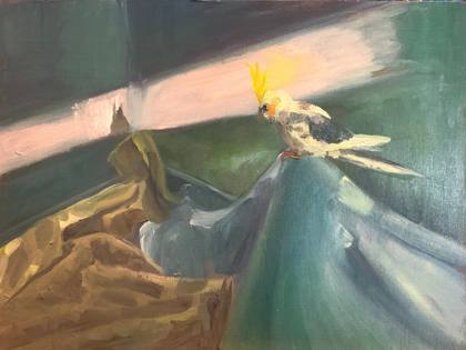 Cockatiel Looking At His Shadow, painting by Ryan Louder