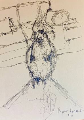 Cockatiel sitting on my knee 2, painting by Ryan Louder