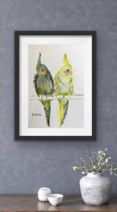 Cockatiels, painting by Ryan Louder
