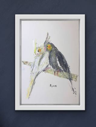 Cockatiels resting 9x12 Study, painting by Ryan Louder