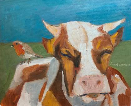 Cow and Robin, painting by Ryan Louder