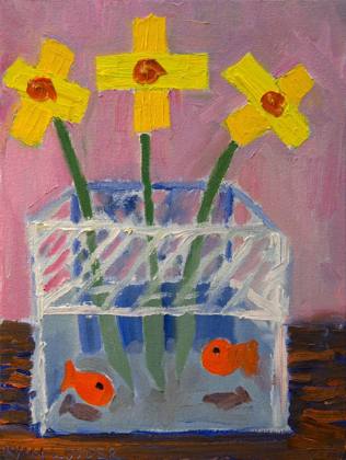 Daffodils and Goldfish, painting by Ryan Louder