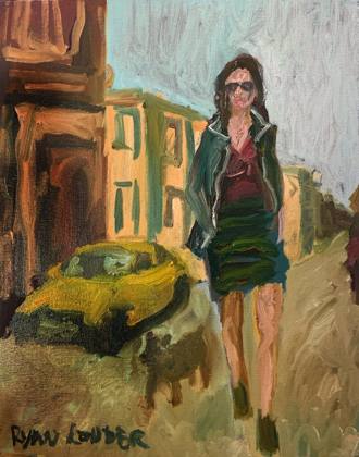 Dog Walking Before Work, painting by Ryan Louder