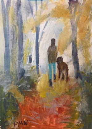 Dog Walking In The Forest, painting by Ryan Louder