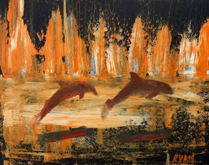 Dolphins Jumping In The Sunset 6x8 study, painting by Ryan Louder