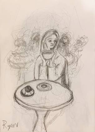 Drawing of A Woman Drinking Coffee, painting by Ryan Louder