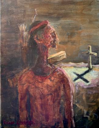 Driven From His Home - Native American Portrait, painting by Ryan Louder