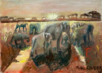 Elephants At Dusk, painting by Ryan Louder
