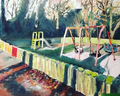 Empty playground on Christmas Day, painting by Ryan Louder