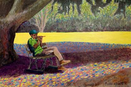Flute Player In The Park, painting by Ryan Louder