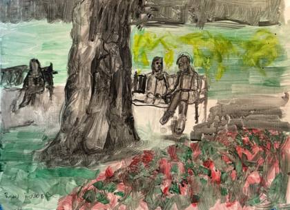 Friends on Park Bench, painting by Ryan Louder