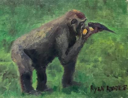 Gorilla Feeding Bird, painting by Ryan Louder