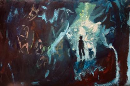 Into The Woods- Dog Walking, painting by Ryan Louder