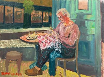 Man Knits His Grandaughters Present, painting by Ryan Louder