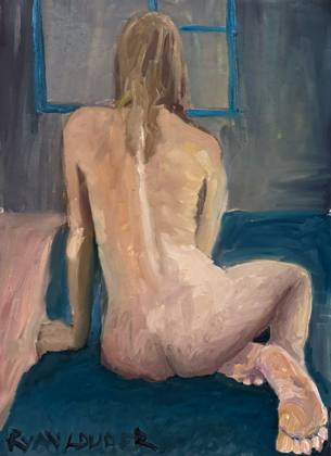 On a Blue Bed Out A Blue Window on a Grey Day, painting by Ryan Louder