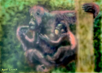 Orangutan and Baby In A Tree, painting by Ryan Louder