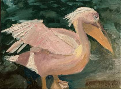 Pelican In St James Park Study 9x12, painting by Ryan Louder