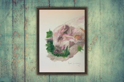 Pig Asleep In A Patch Of Grass, painting by Ryan Louder