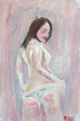 Pink and Blue Figure Oil On Paper, painting by Ryan Louder