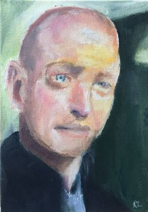 Standing outside a restaurant on a winters day, painting by Ryan Louder