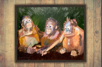 Three Baby Orangutans, painting by Ryan Louder