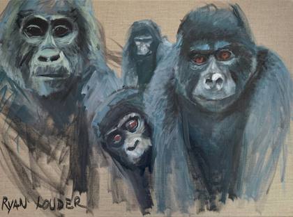 Three Gorillas and a Curious Baby Gorilla, painting by Ryan Louder