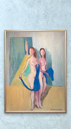 Three Nude Women and Two Blue Towels, painting by Ryan Louder