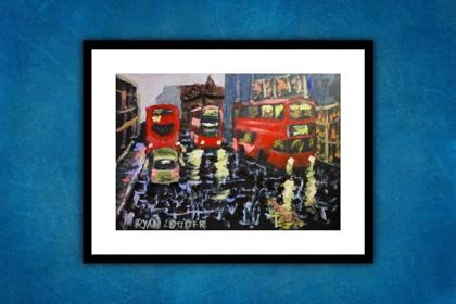 Three Red Busses, painting by Ryan Louder