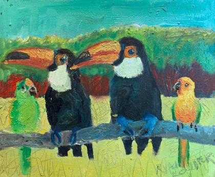 Toucans and Conures, painting by Ryan Louder