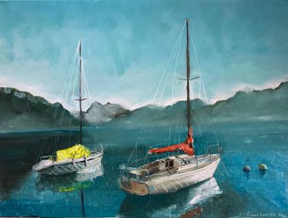 Two Boats On A Lake, painting by Ryan Louder