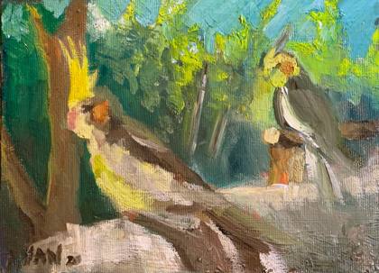 Two Cockatiels By The Window, painting by Ryan Louder