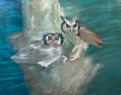 Two Owls and a Baby, painting by Ryan Louder