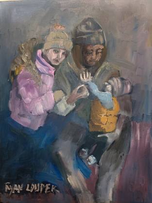 Ukrainian Family In Bunker, painting by Ryan Louder
