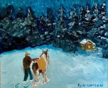 Warming His Horse On A Winter Night, painting by Ryan Louder