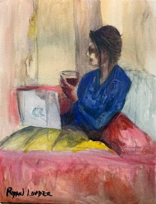 Working Late With A Glass of Wine 2, painting by Ryan Louder