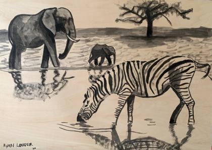 Zebra and Elephants at Waterhole, painting by Ryan Louder