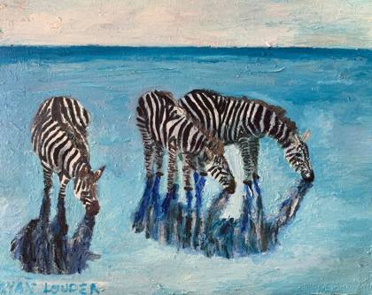 Zebras In Blue Water, painting by Ryan Louder