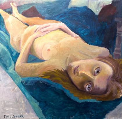 Zomer Figure On Blue Velvet, painting by Ryan Louder