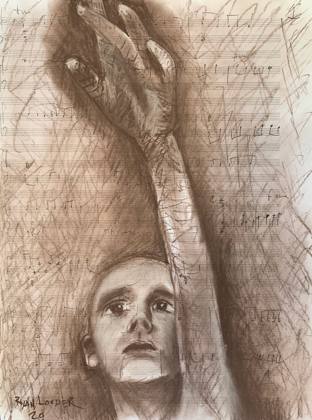 “When Can We Touch Stars” 25x35cm charcoal ink on manuscript scoring paper, painting by Ryan Louder