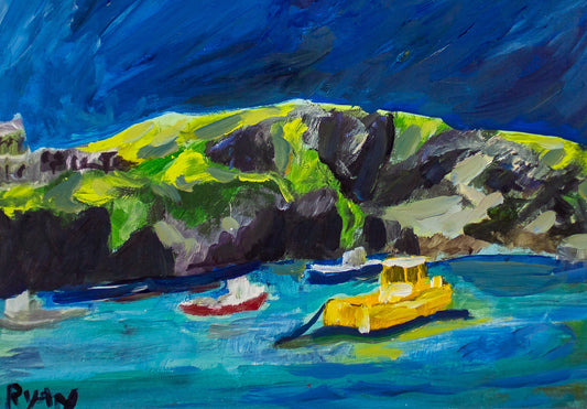 A painting titled 'Boats by the Sea' by London Paintings